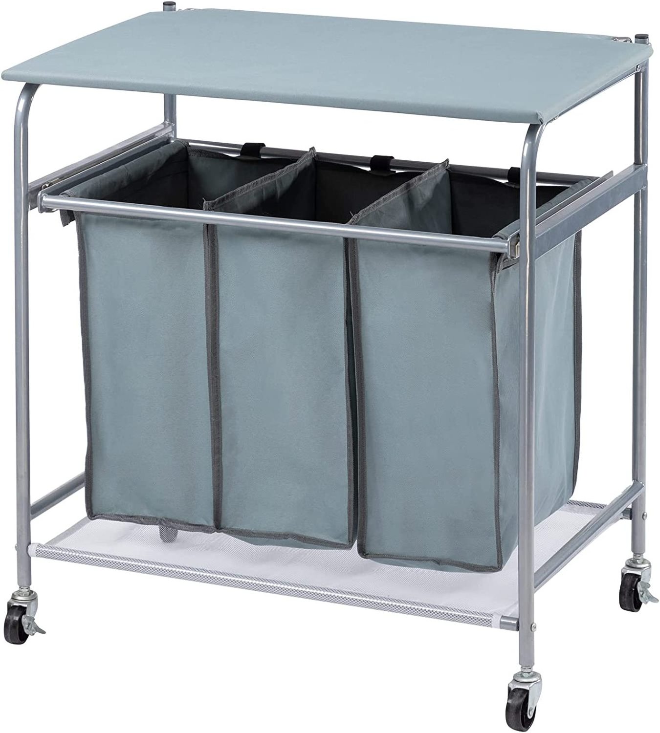 MTS Foldable Ironing Board Laundry Sorter Cart with Removable 3 Bags Laundry Hamper Sorter With Wheels