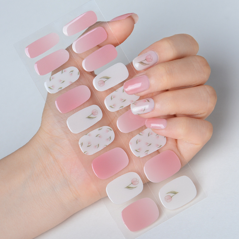 Wholesale  High Quality gel nail wraps pink flower pattern semi cured gel sticker