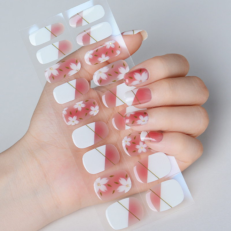 Wholesale  High Quality gel nail wraps pink flower pattern semi cured gel sticker