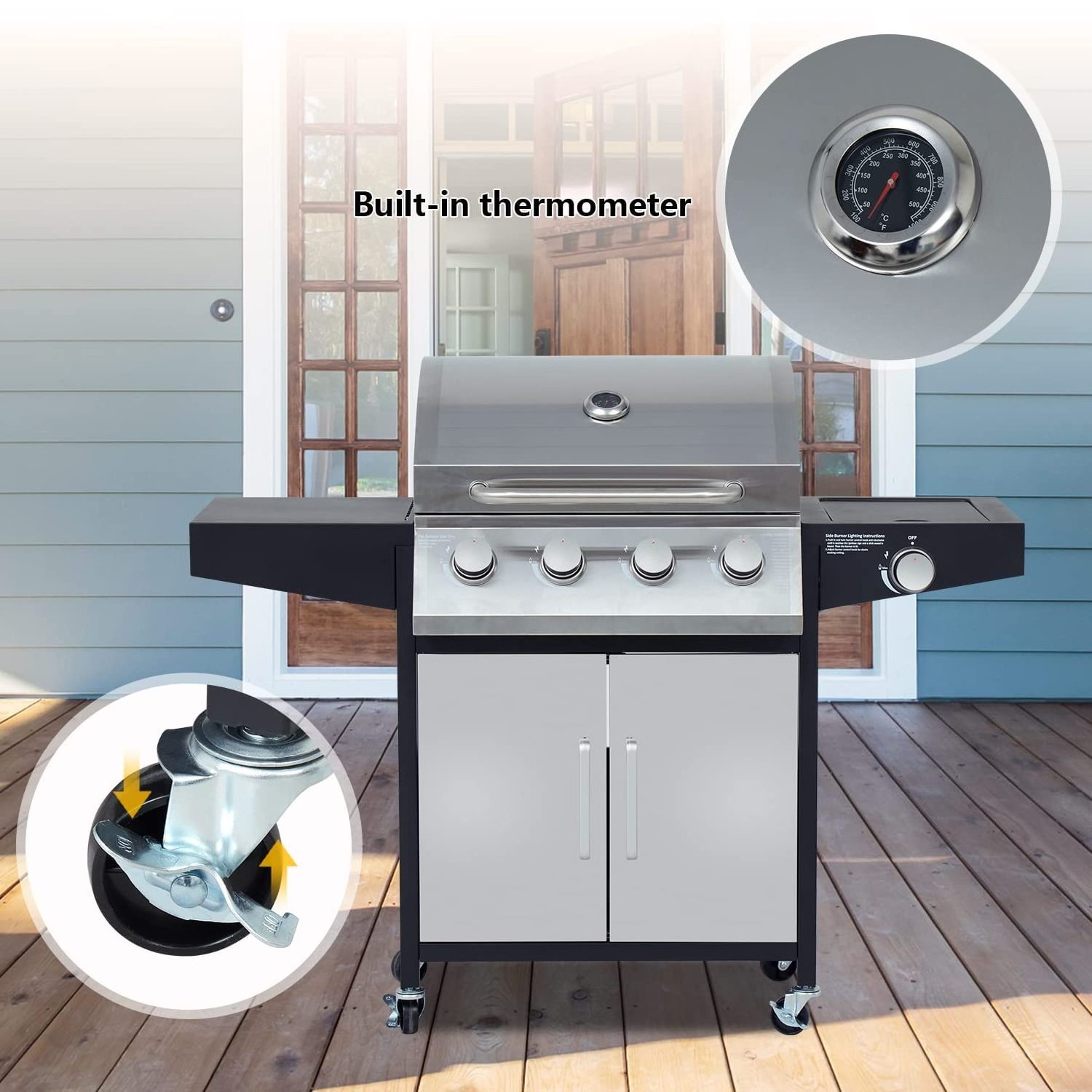 Commercial Restaurant Cart Propane Grill Gas Stainless Steel Barbeque Outdoor BBQ Gas Grill with Side Bunner