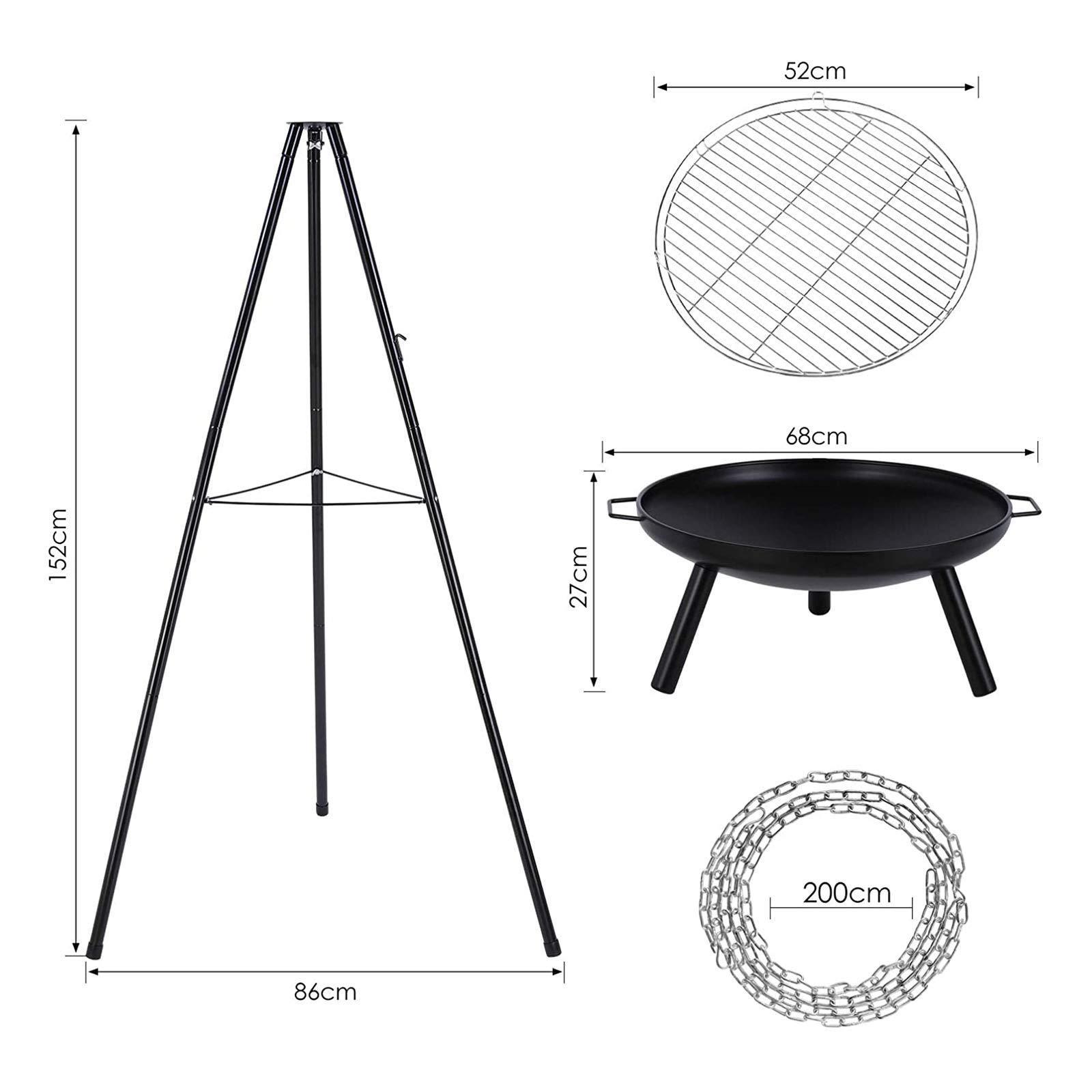 Height Adjustable Grill Stand Steel Tripod Charcoal Barbecue Hanging Grill with Fire Bowl for Camping Outdoor