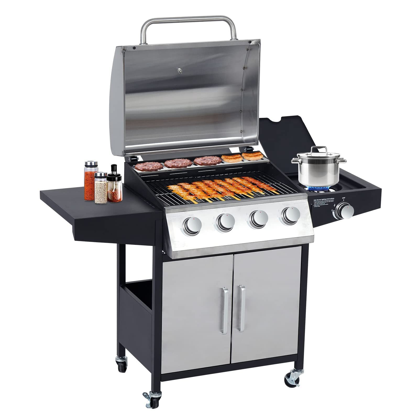 Commercial Restaurant Cart Propane Grill Gas Stainless Steel Barbeque Outdoor BBQ Gas Grill with Side Bunner