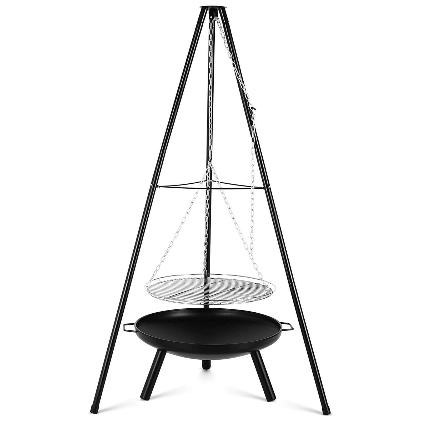 Height Adjustable Grill Stand Steel Tripod Charcoal Barbecue Hanging Grill with Fire Bowl for Camping Outdoor