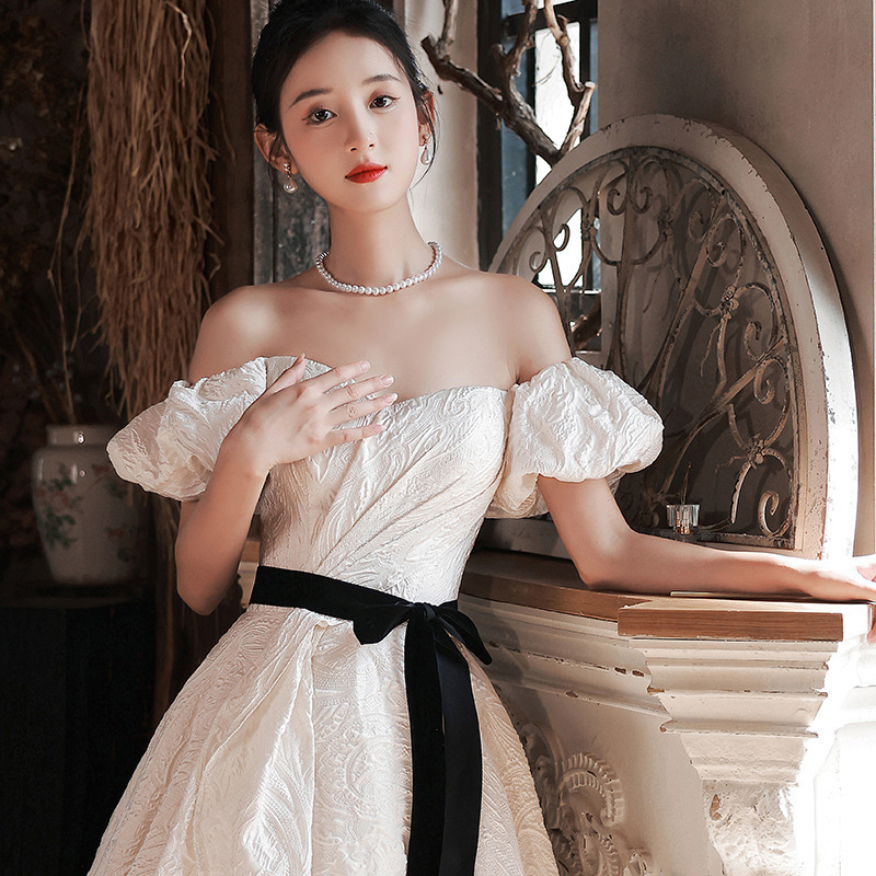 NNR Off Shoulder Luxury White Champagne Color Satin Gown Long Evening Dress