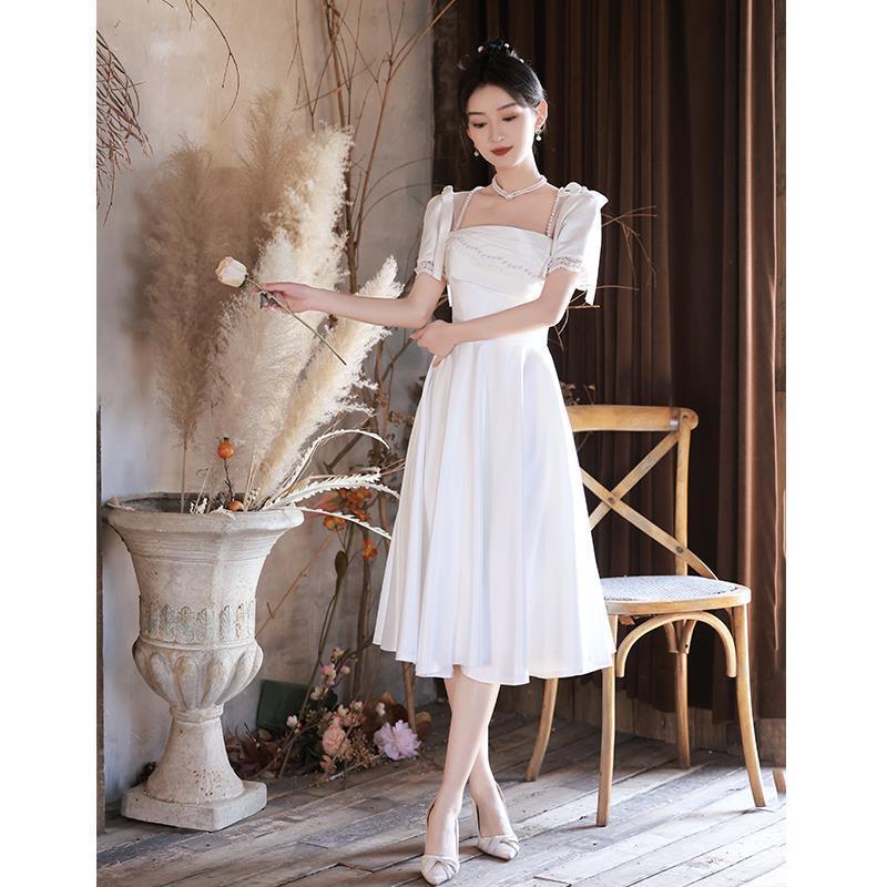 NNR Elegant Women pears white Dresses Formal Evening Party Dinner Floor Dress