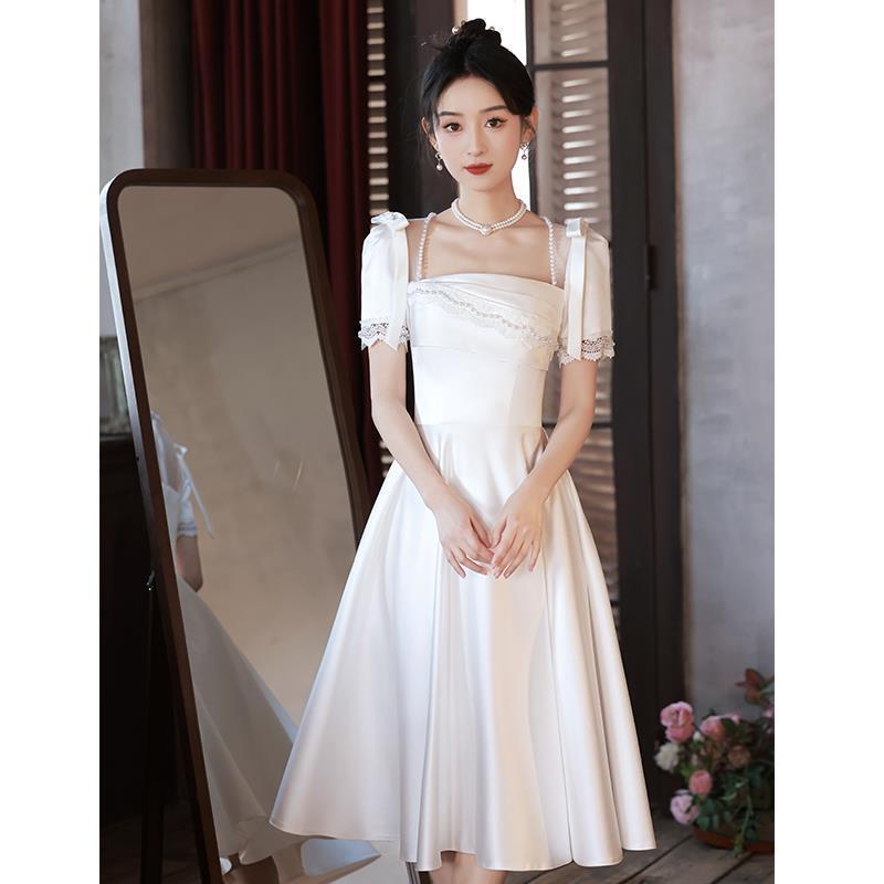 NNR Elegant Women pears white Dresses Formal Evening Party Dinner Floor Dress