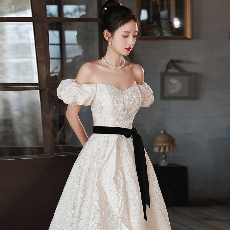 NNR Off Shoulder Luxury White Champagne Color Satin Gown Long Evening Dress