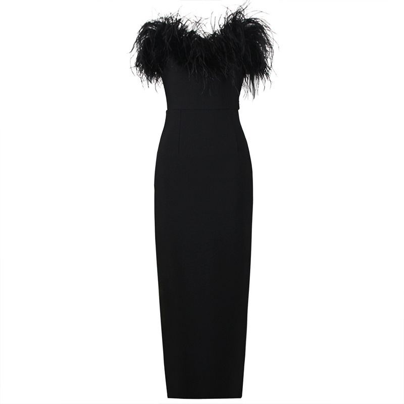 NNR lady fashion style black feather evening dress weeding dress