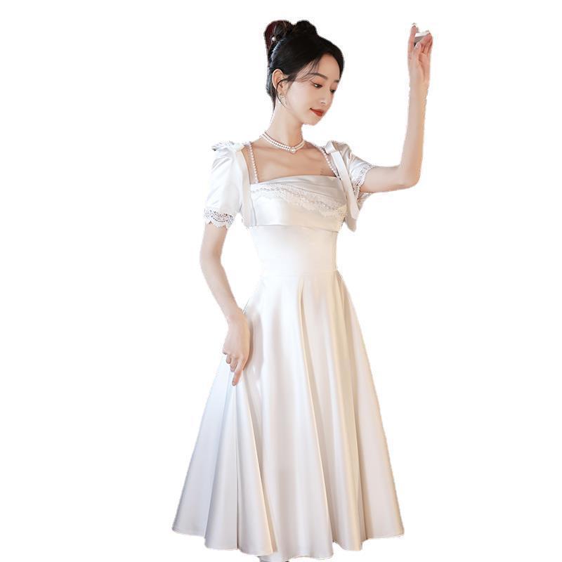 NNR Elegant Women pears white Dresses Formal Evening Party Dinner Floor Dress