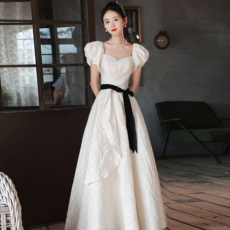 NNR Off Shoulder Luxury White Champagne Color Satin Gown Long Evening Dress