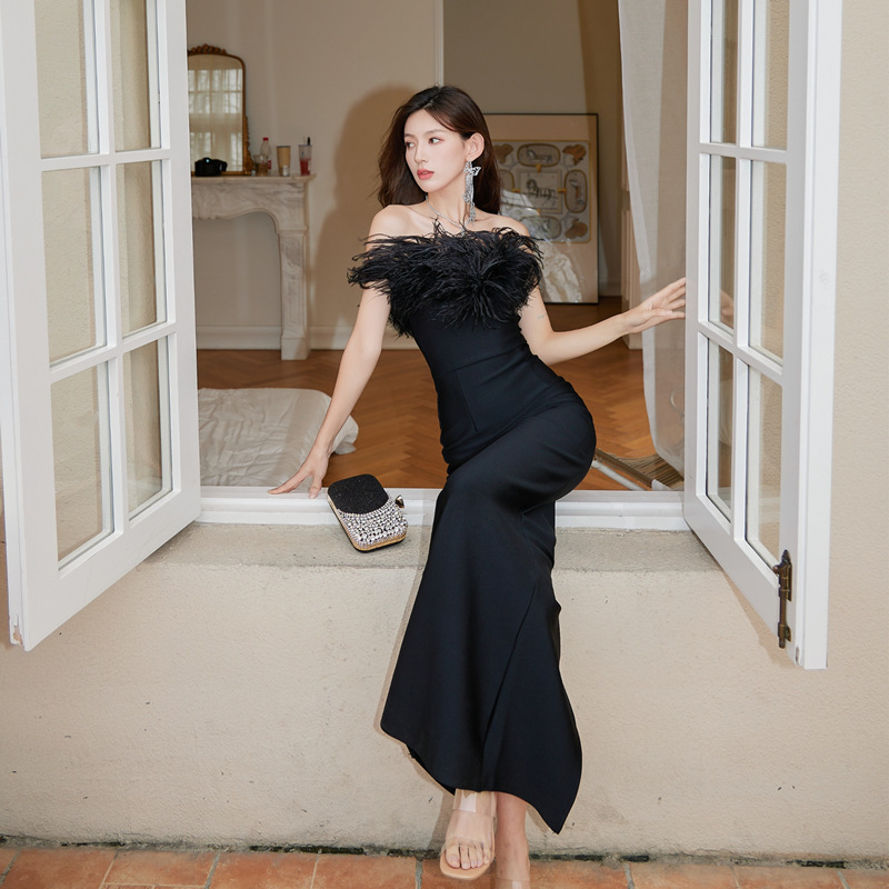 NNR lady fashion style black feather evening dress weeding dress