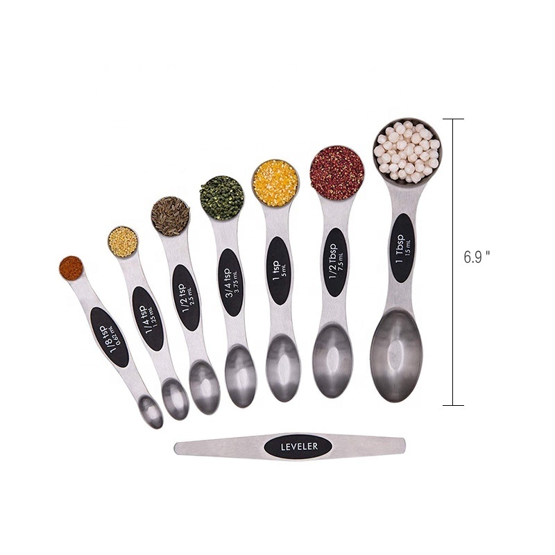 Magnetic Measuring Spoons Set of 8 Teaspoon Stainless Steel Measuring TOOLS for Dry Spice and Liquid Ingredients Double-sided