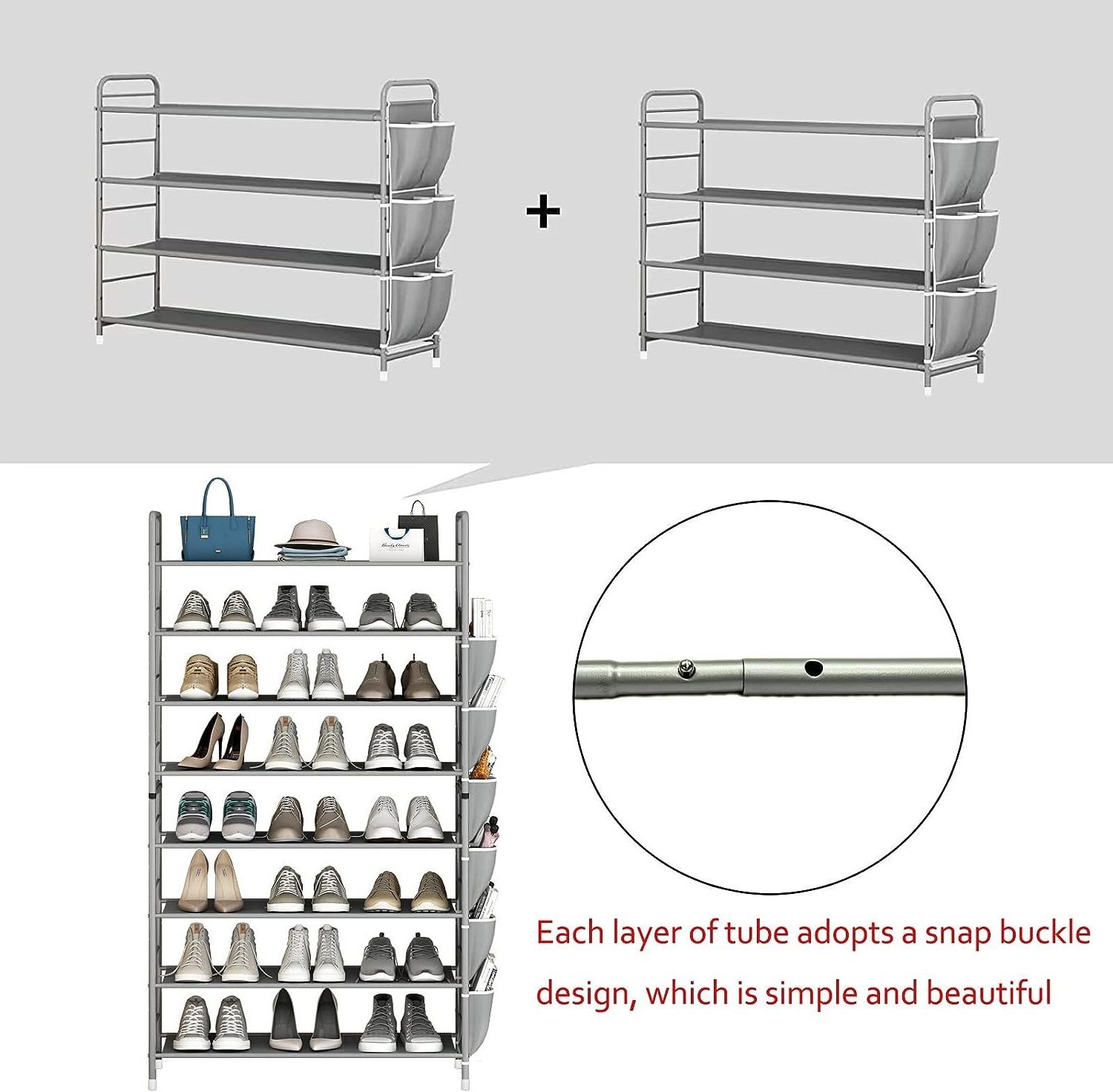 Hign Quality Free Standing Compact 4 Tier Metal Shoe Rack Storage Organizer with Side Bag