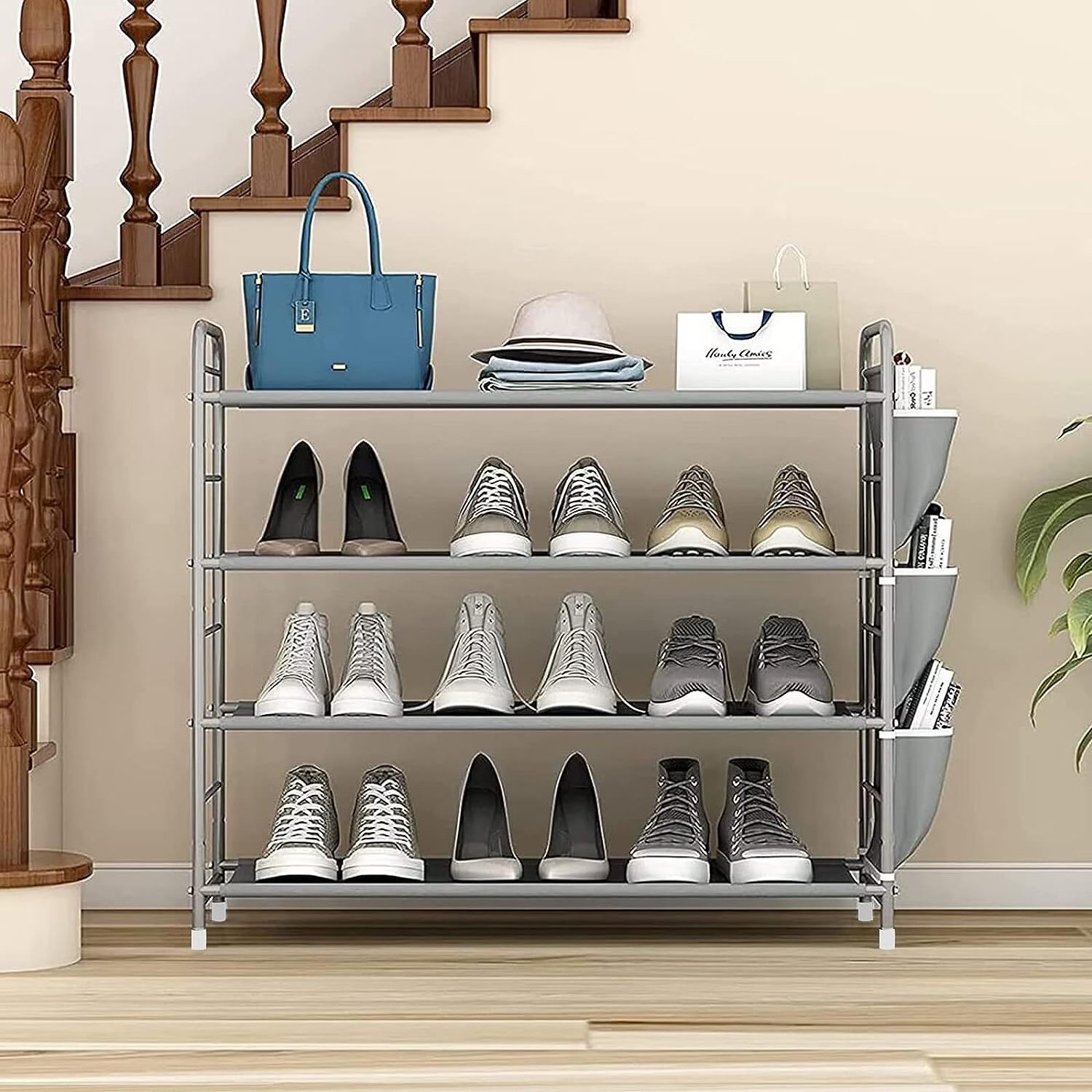 Hign Quality Free Standing Compact 4 Tier Metal Shoe Rack Storage Organizer with Side Bag