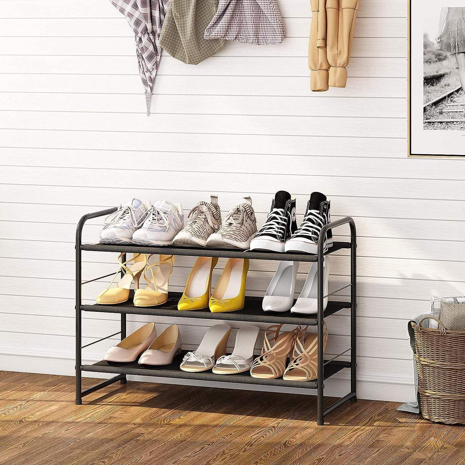 Customised Adjustable Fabric Metal Shelf Storage Organizer Black 3-Tier Stackable Shoe Rack