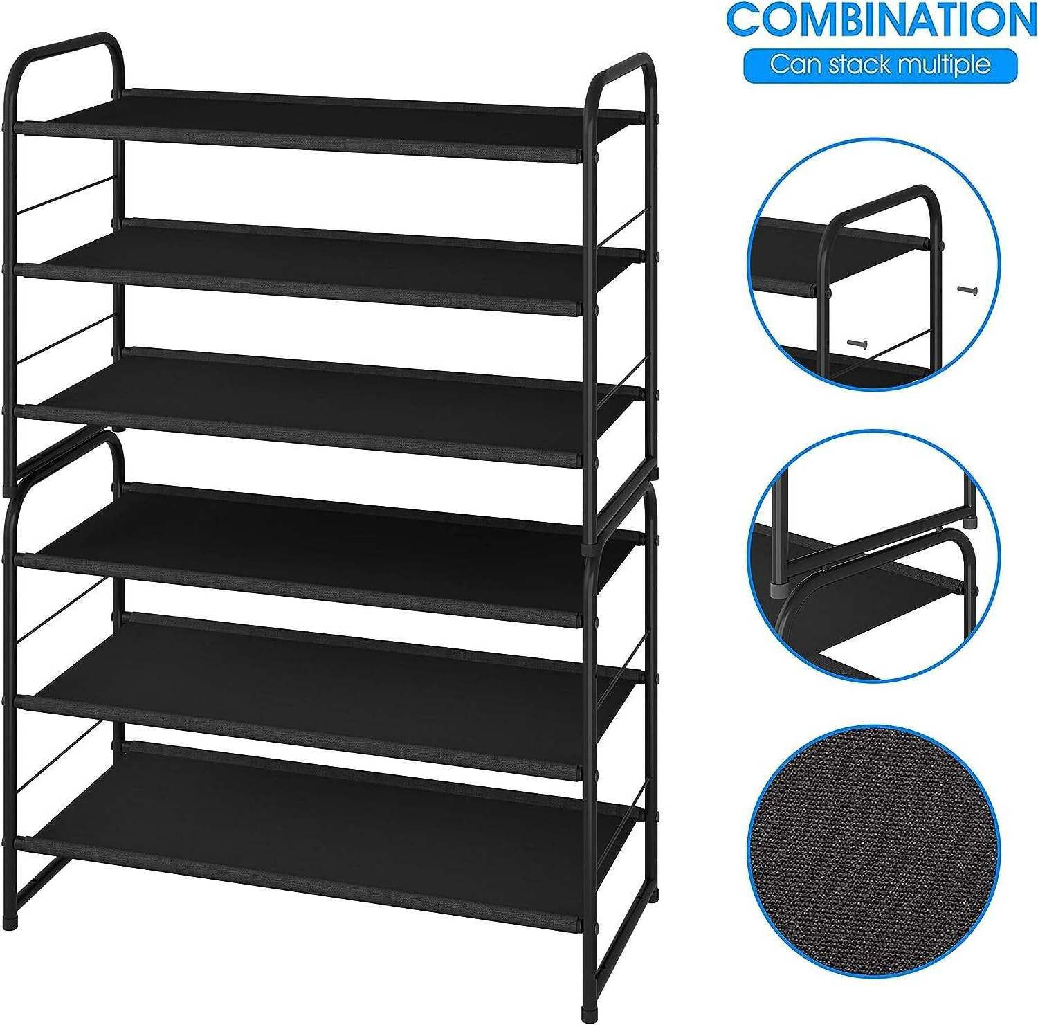 Customised Adjustable Fabric Metal Shelf Storage Organizer Black 3-Tier Stackable Shoe Rack