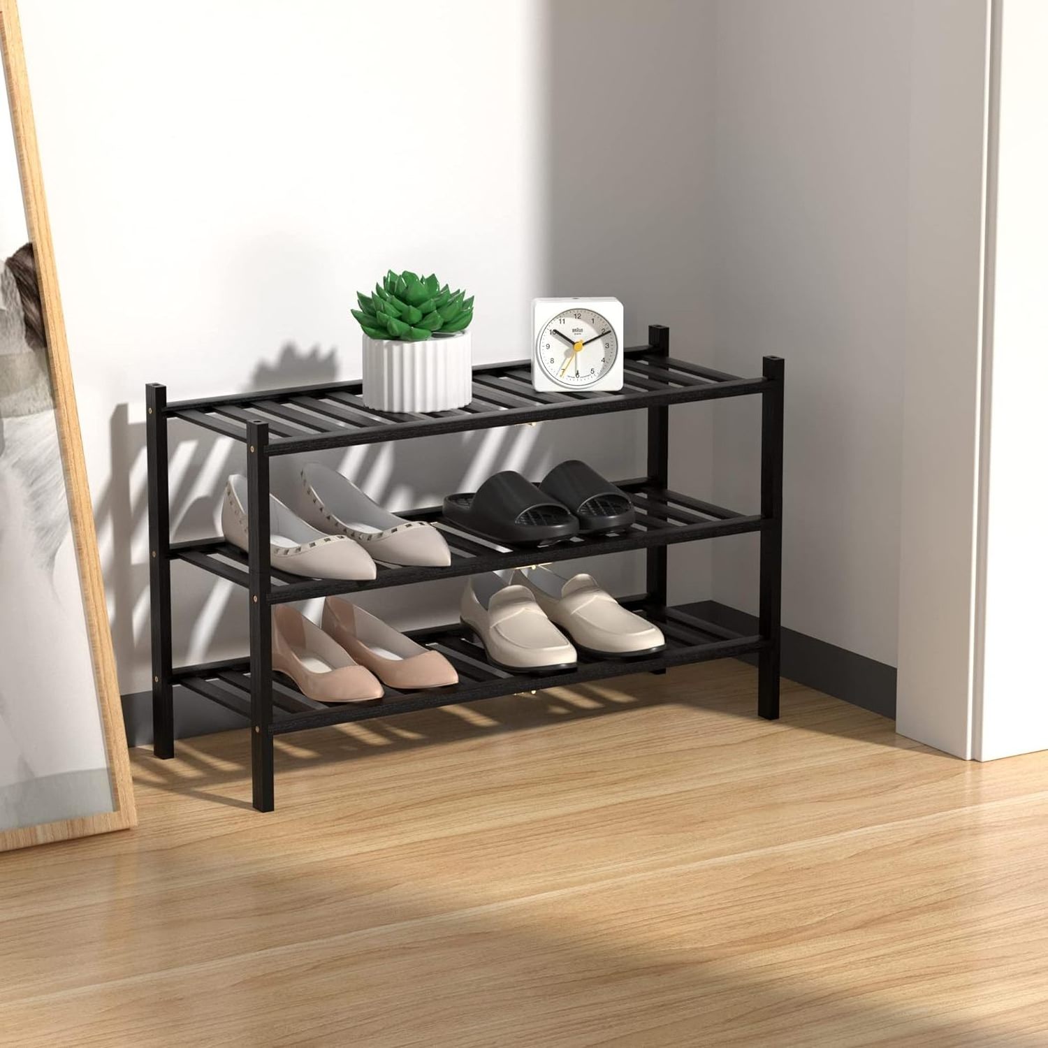 Multi-Function 3-Tier Natural Stackable Storage Shelf Free Standing Wooden Shoe Racks