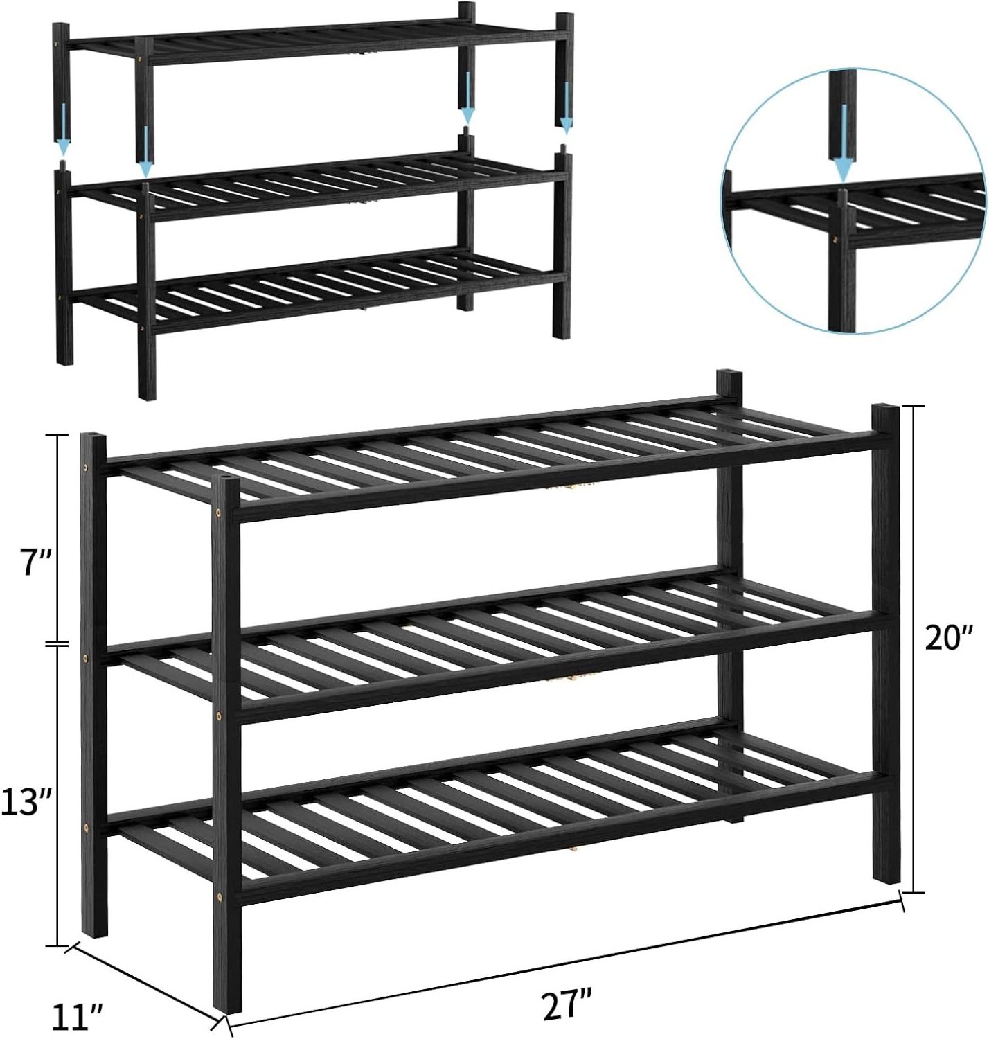 Multi-Function 3-Tier Natural Stackable Storage Shelf Free Standing Wooden Shoe Racks