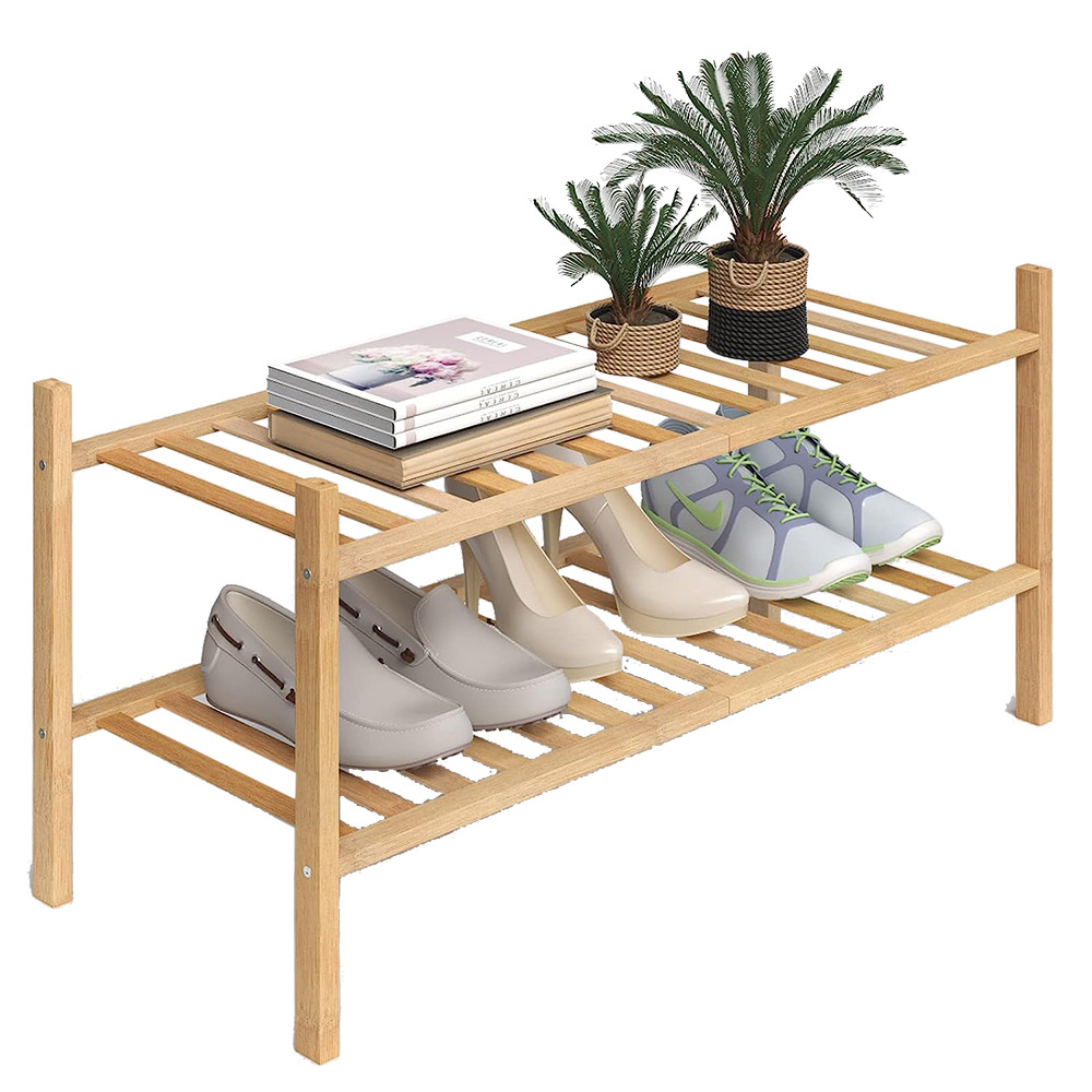 Modern Simple 2 Tier Natural Bamboo Stackable Shoe Shelf Storage Organizer Wooden Shoe Rack