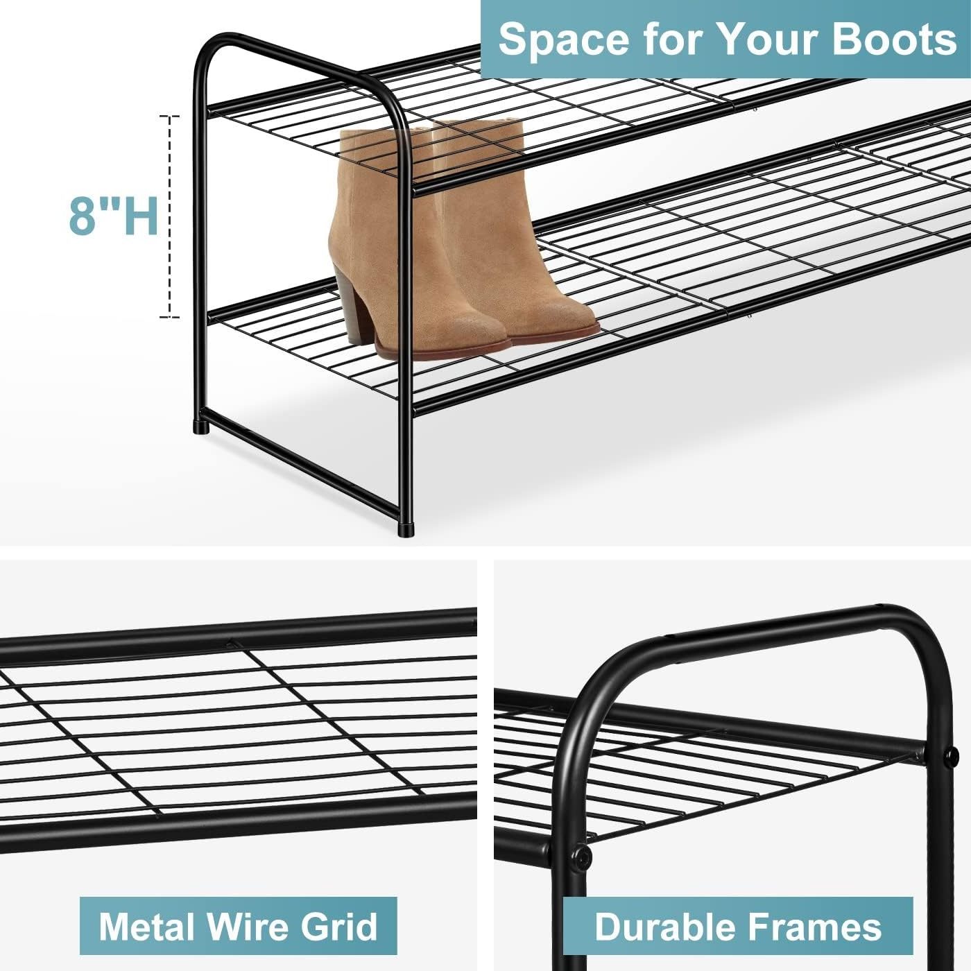 2 Tier Stackable Shoe Shelf Storage Organizer Black Long Metal Shoe Rack for Closet