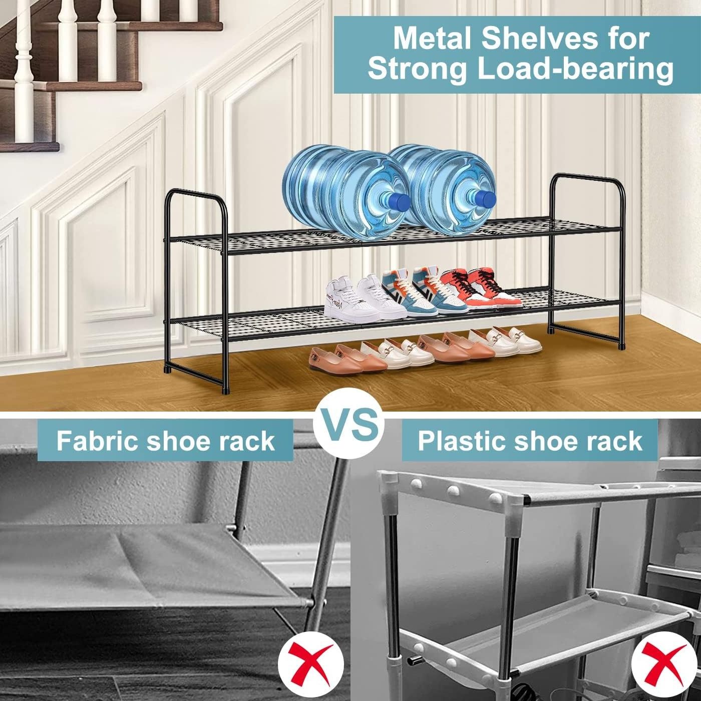 2 Tier Stackable Shoe Shelf Storage Organizer Black Long Metal Shoe Rack for Closet