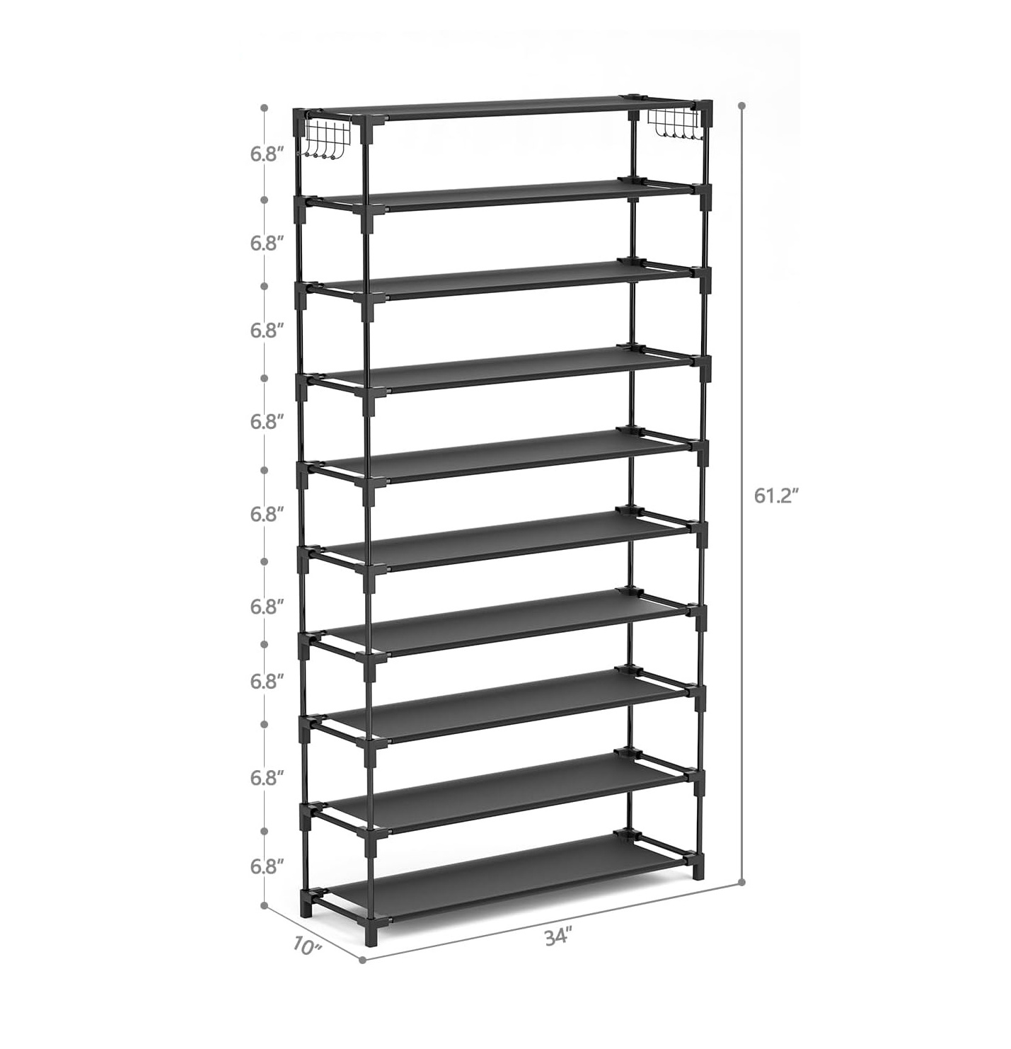 10 Tier Large Stand Shoe Display Shelves Plastic Storage Shoe Rack with Hooks