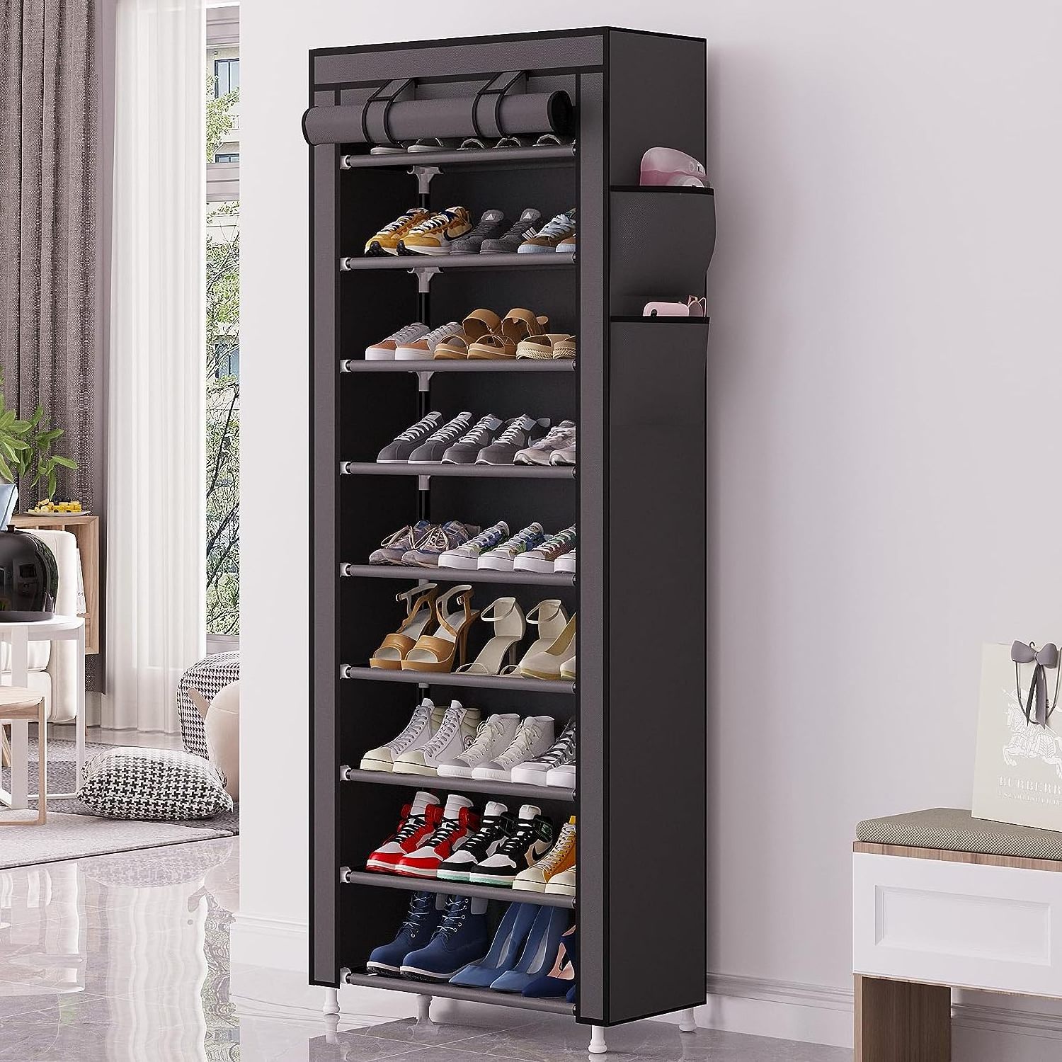 Waterproof Fabric Closed 10 Tier Narrow Tall Shoe Storage Organizer Cabinet With Covers