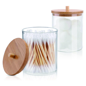 Round Dispenser Bathroom Bamboo Lids, Cotton Ball Pad Swab Holder for Bathroom Accessories Storage makeup cosmetic organizer