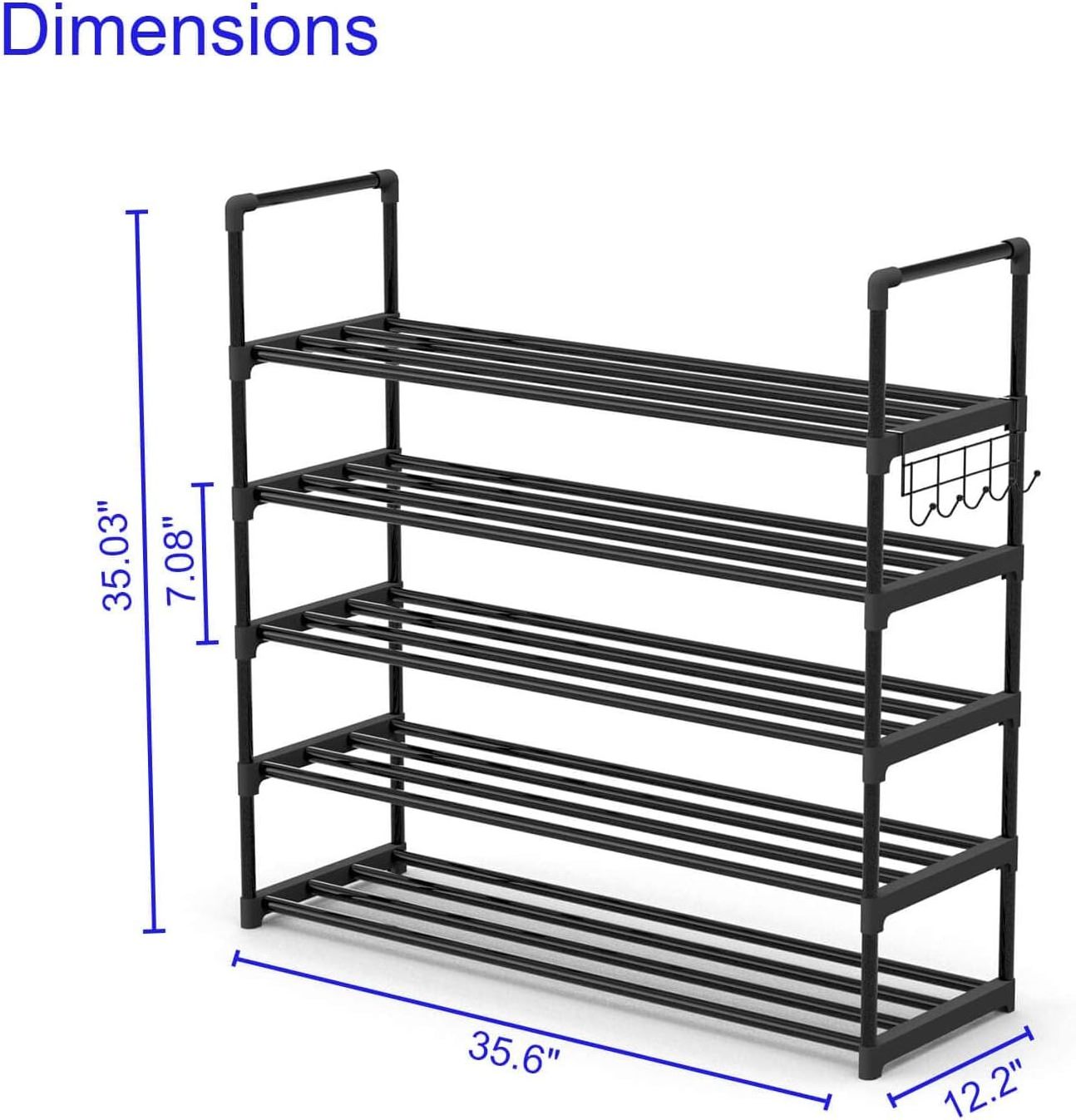 6 Tiers Adjustable Shoe Shelf Storage Organizer Simple Metal Shoe Rack with Versatile Hooks