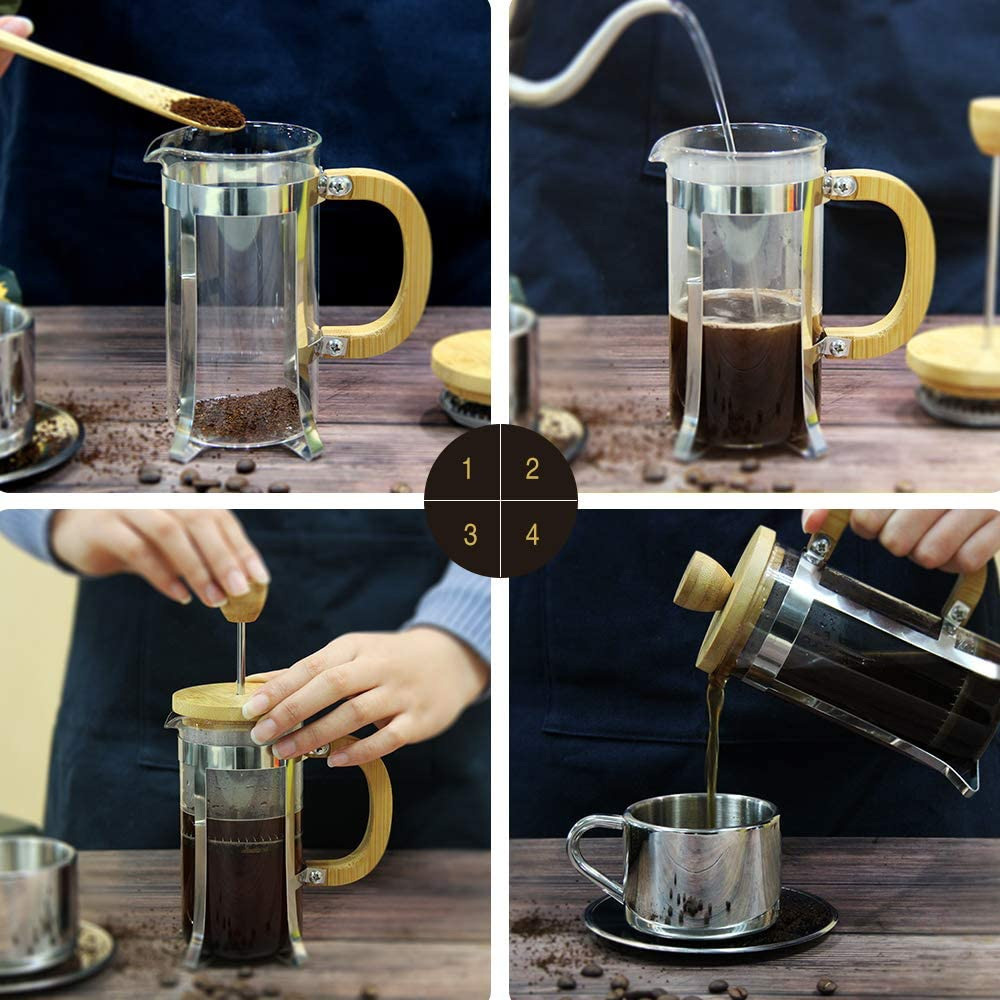 34 OZ Bamboo French Press Stainless Steel High Borosilicate Plastic-free Carafe 1000ML Espresso Press Coffee/Tea Maker