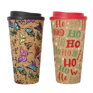 eco Coffee Mug 15oz Reusable Wood Cup Cork Mug with  Silicone Lid and Flip Lid Travel Cup