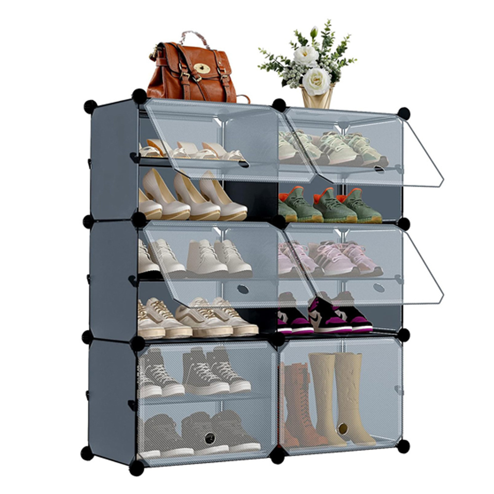 Portable 6 Tier Bedroom Entryway Expandable Grey Plastic Shoe Rack Cabinet with Door