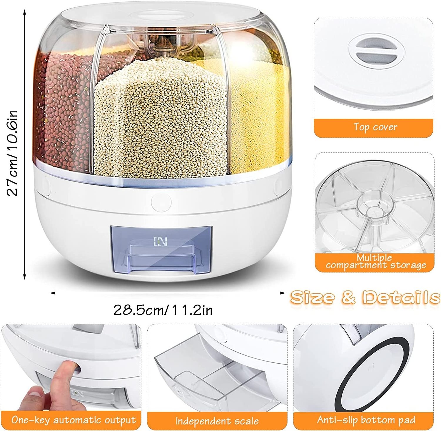 Rotating Dry Food Grain Dispenser 360 Rotating Food Dispenser 28lbs 8.2 Qt Round Storage Container With Sealed Lid