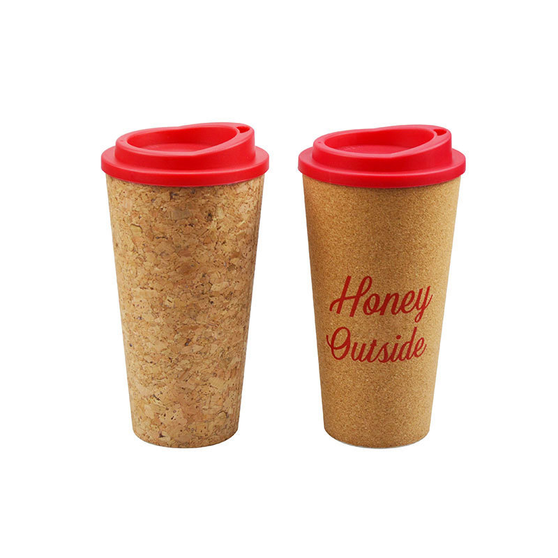 eco Coffee Mug 15oz Reusable Wood Cup Cork Mug with  Silicone Lid and Flip Lid Travel Cup