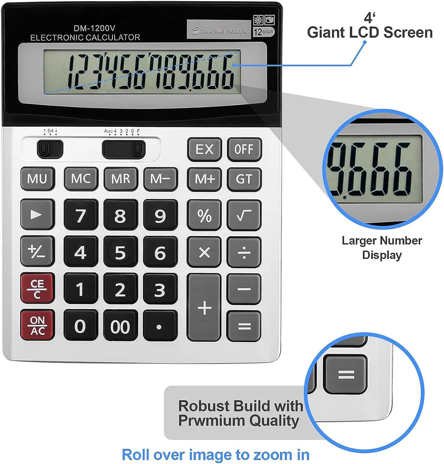 Classic Tilt Screen Extra Large LCD Display 12 Digit Desk Basic Office Calculator with Big Buttons