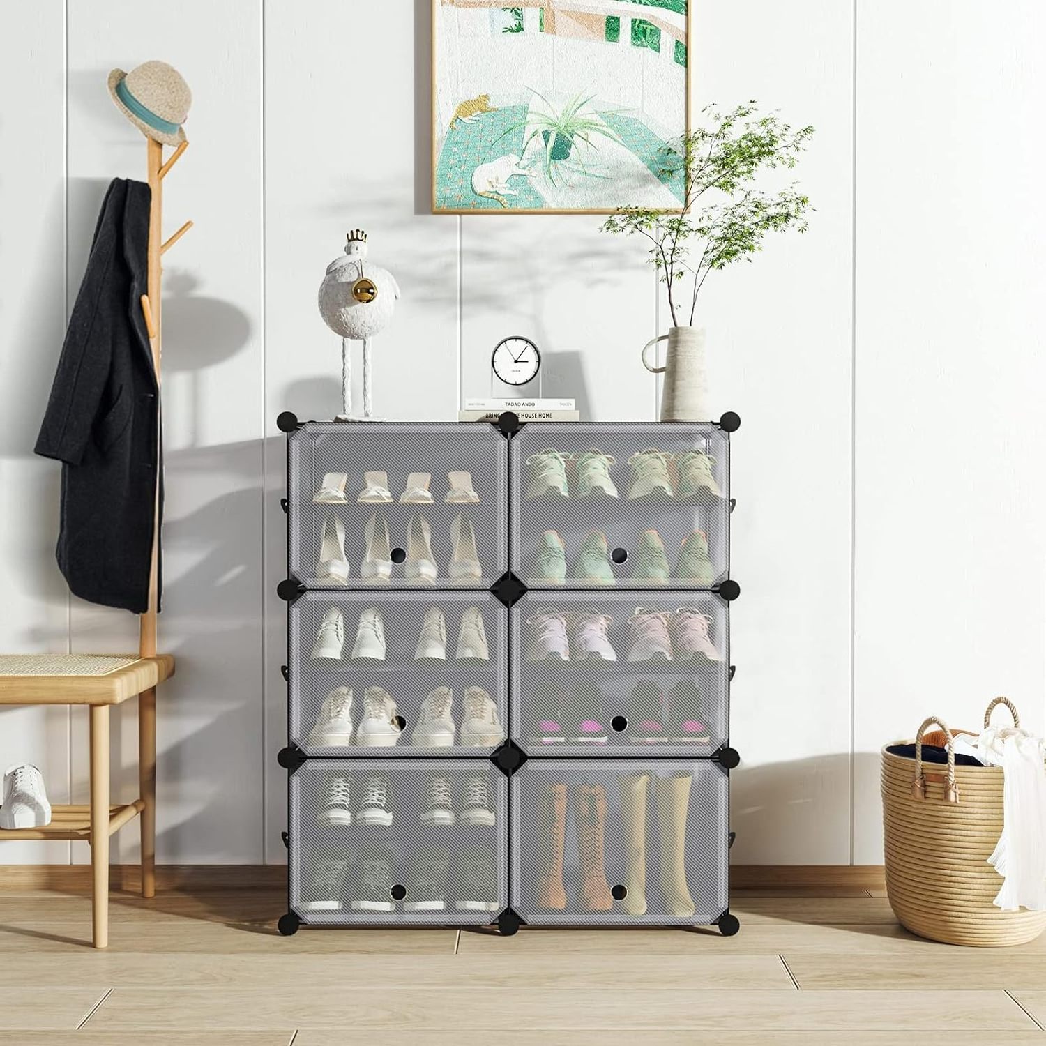 Portable 6 Tier Bedroom Entryway Expandable Grey Plastic Shoe Rack Cabinet with Door