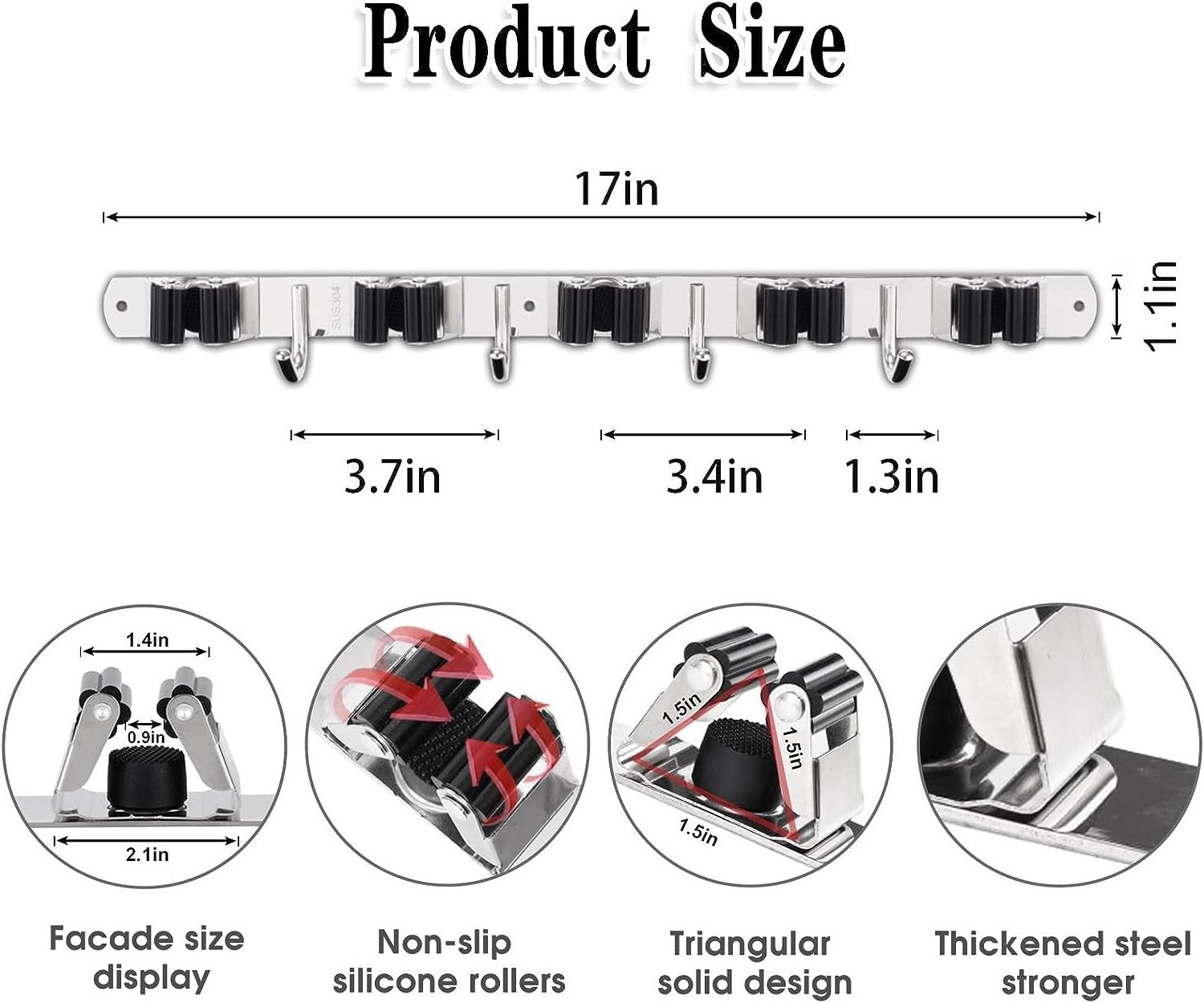 5 Racks and 4 Hooks Mop and Broom Holder Wall Mount, Broom Organizer Storage Tool Racks Stainless Steel Heavy Duty Hooks