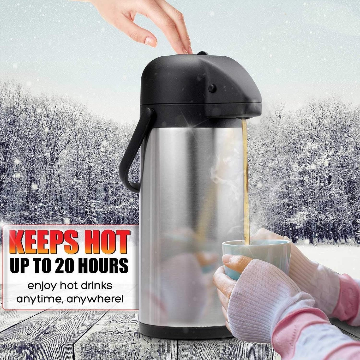 Airpot Coffee Dispenser with Pump - Insulated Stainless Steel Coffee Carafe Thermal Beverage Dispenser Hot/Cold Water