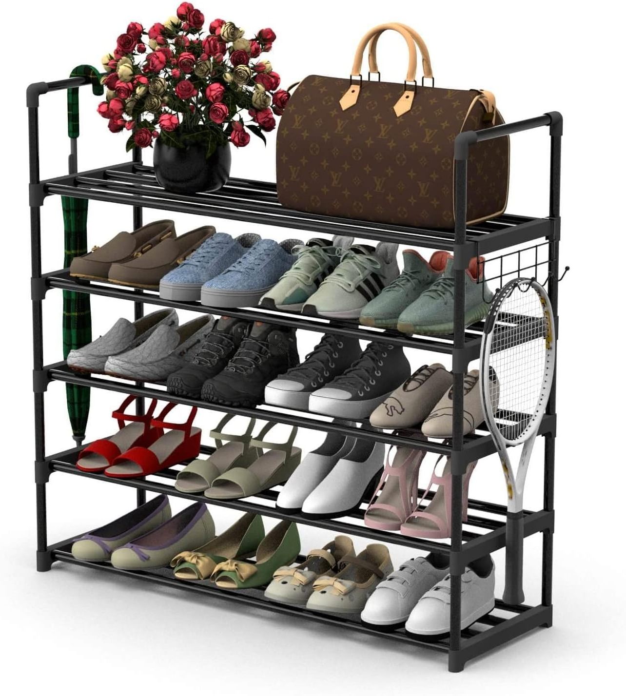 6 Tiers Adjustable Shoe Shelf Storage Organizer Simple Metal Shoe Rack with Versatile Hooks