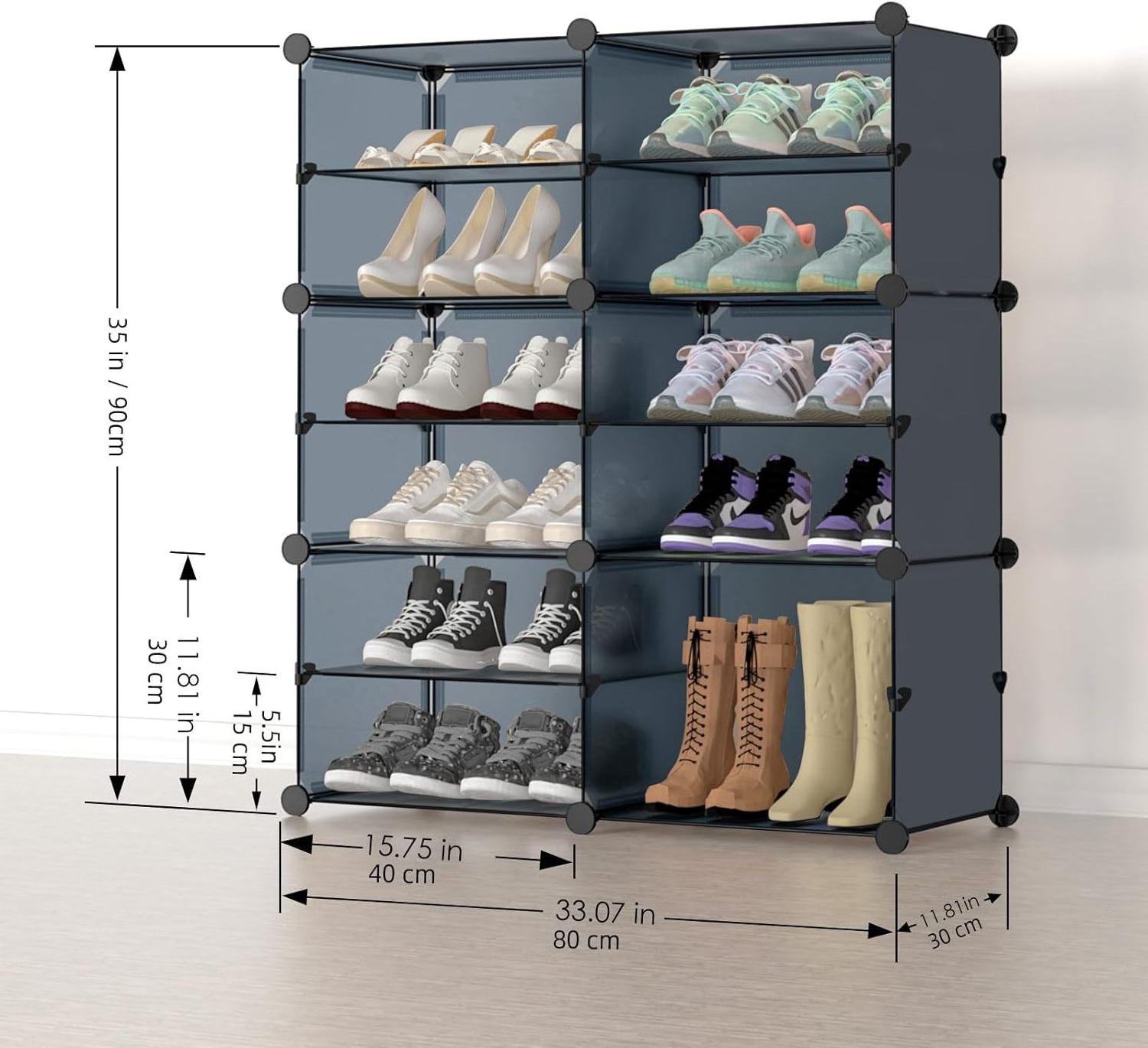 Portable 6 Tier Bedroom Entryway Expandable Grey Plastic Shoe Rack Cabinet with Door