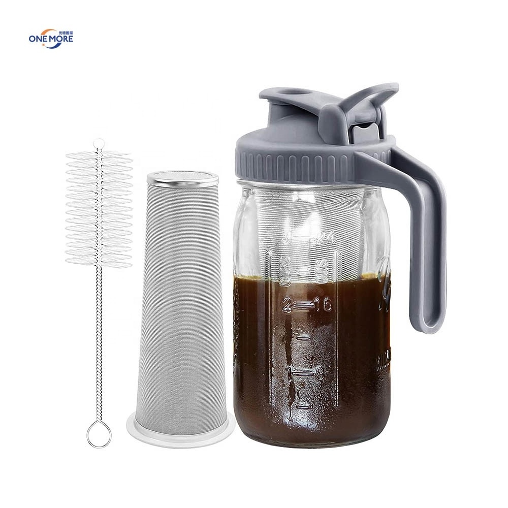 Cold Brew Coffee Maker Pitcher Wide Mouth Glass Mason Jar with Spout Lid Stainless Steel Filter