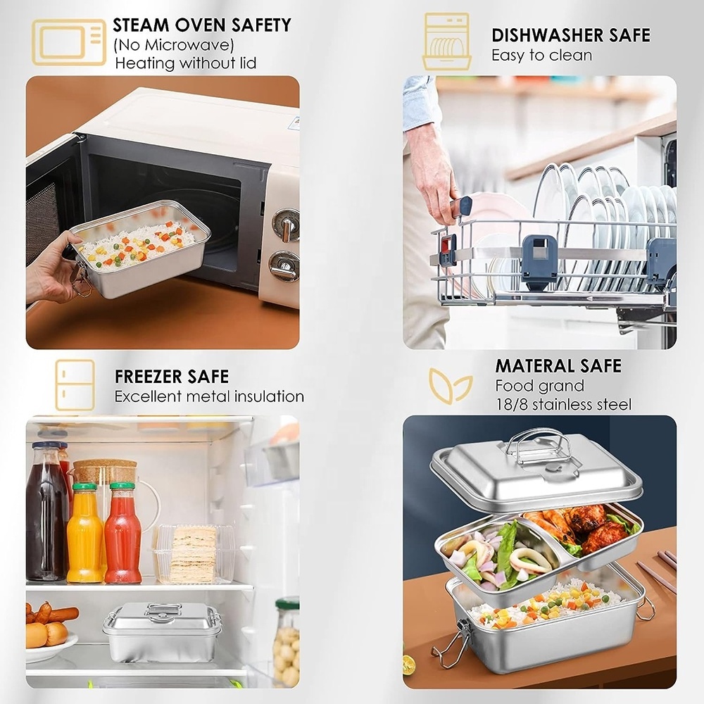 Leak-proof 2 Layer Stainless Steel Bento Lunch Box Metal Lunch Food Container with Secure Locks