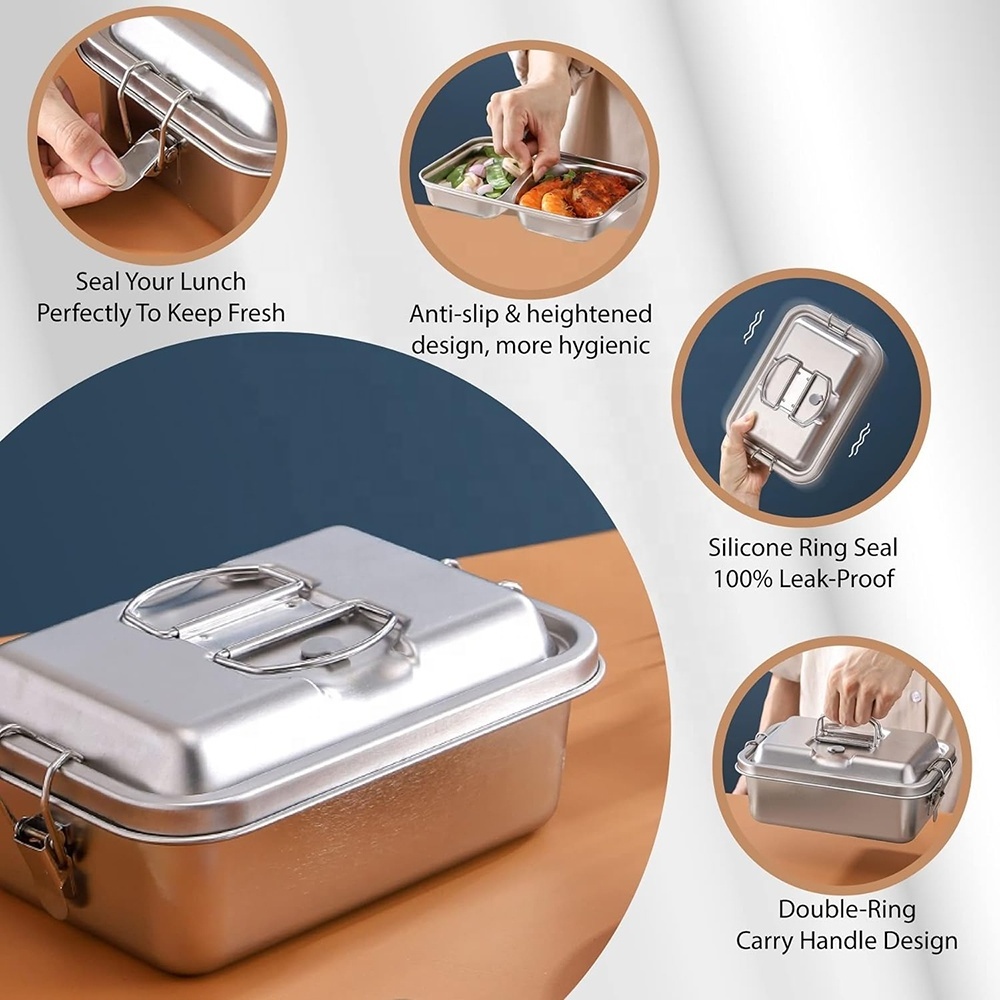 Leak-proof 2 Layer Stainless Steel Bento Lunch Box Metal Lunch Food Container with Secure Locks