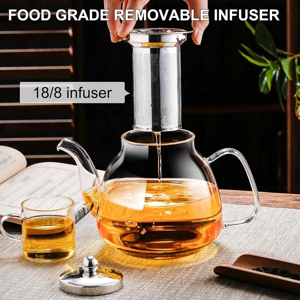 Borosilicate Glass Tea Kettle Durable Clear Tea Maker Brewer with Removable 18/8 Stainless Steel Infuser