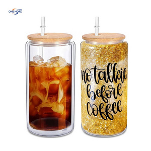 Double Wall Glass Tumbler Cup Custom Snow Globe Tumbler Beer Juice Glasses Iced Coffee Tea Cup with Bamboo Lid and Plastic Straw