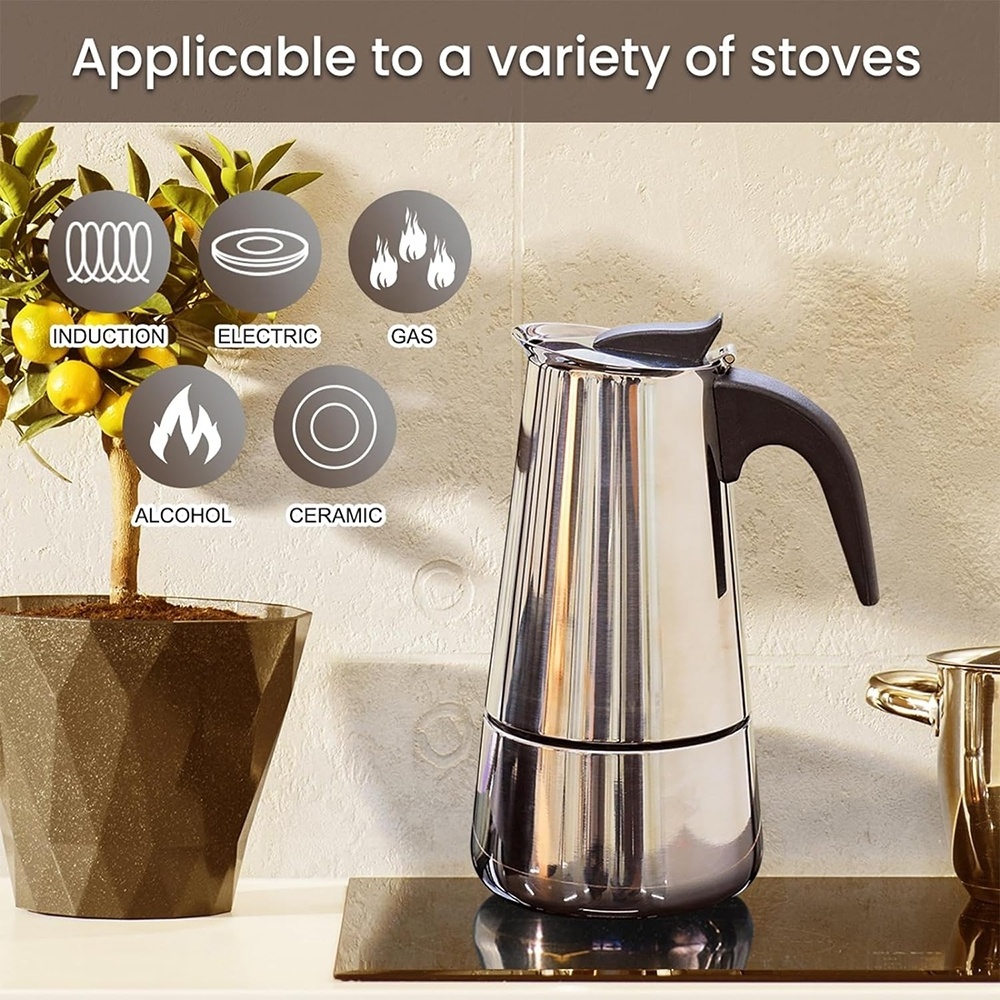 Stovetop Espresso Maker Stainless Steel Espresso Moka Coffee Pot for Induction Cookers All Hobs