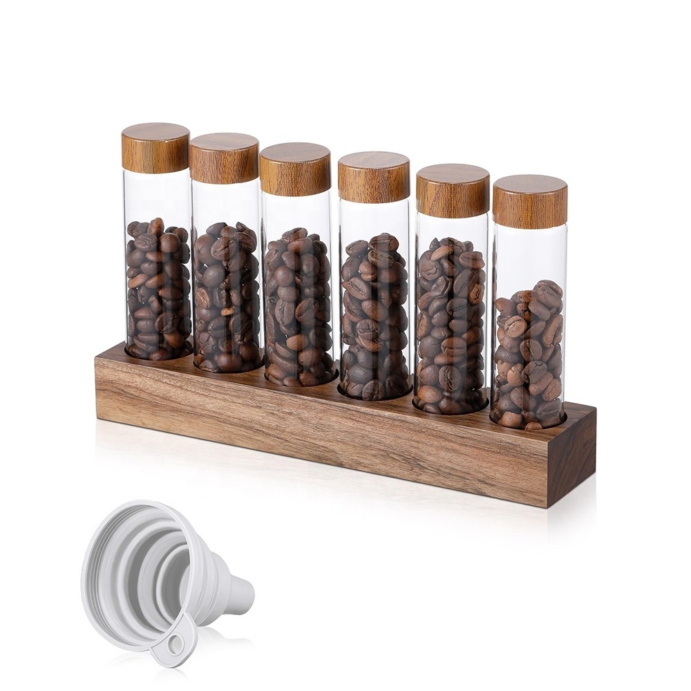 Coffee Bean Jars Canisters 6 12 Tubes Glass Vials Canister Jar with Wood Lid and Wood Base