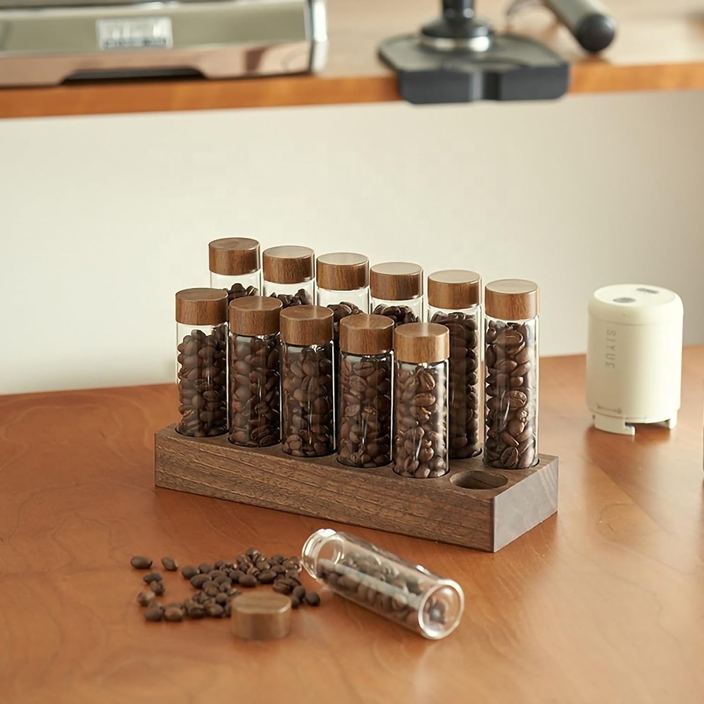 Coffee Bean Jars Canisters 6 12 Tubes Glass Vials Canister Jar with Wood Lid and Wood Base