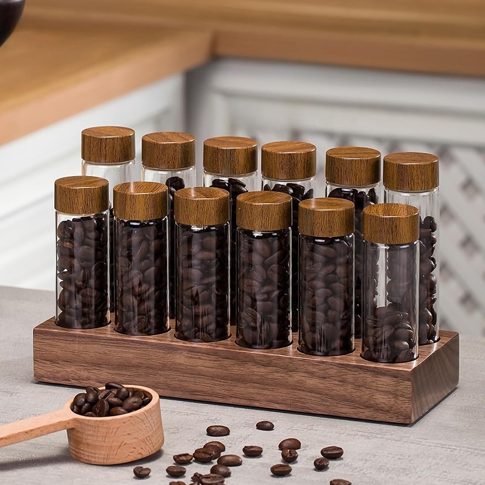 Coffee Bean Jars Canisters 6 12 Tubes Glass Vials Canister Jar with Wood Lid and Wood Base