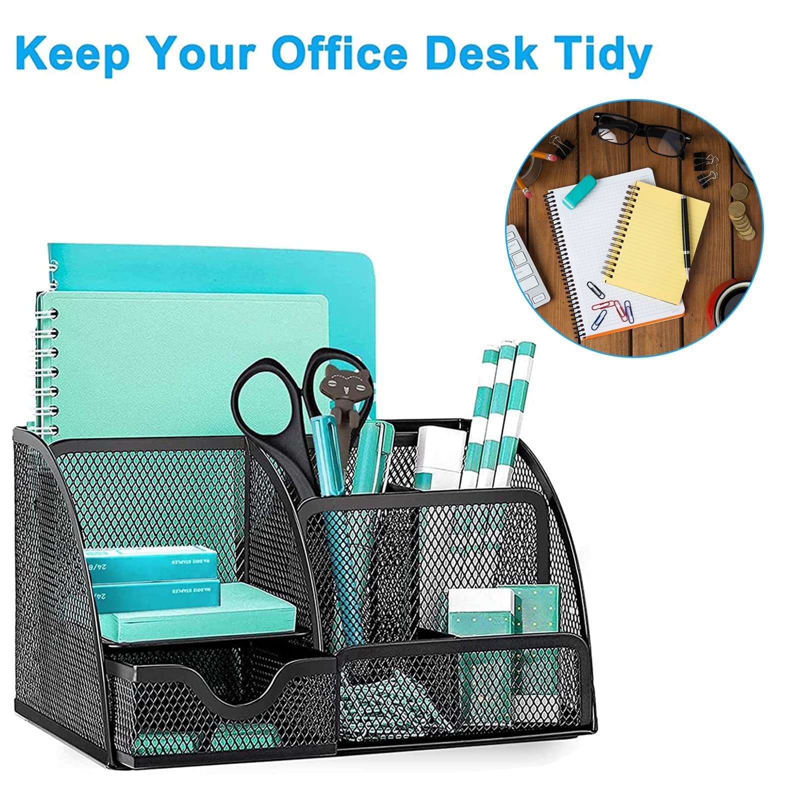 Accessories  Office Supplies Desk Organizer  with 7 Compartments + Pen Holder / 72 Clips Set  Mesh